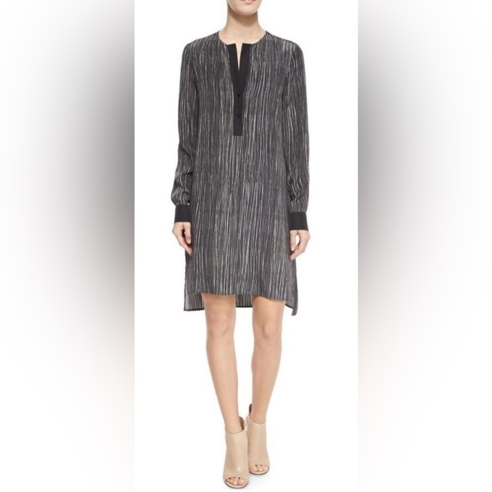 Vince Silk Tunic Dress Striped Size Large Long Sleeve Buttons Black Off White